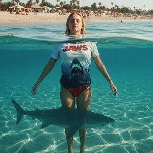 🦈 Jaws Movie Poster Ombre Dip Dye Graphic Tee M 🦈
